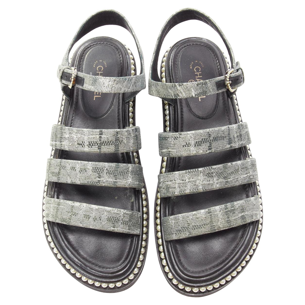 CHANEL metallic grey metallic jacquard pearl embellished dad sandals EU38