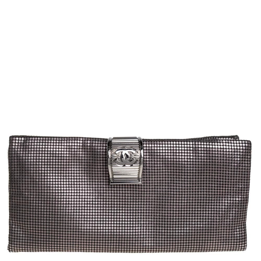 Gray Chanel Metallic Grey Perforated Leather CC Foldover Clutch