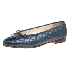 Chanel Metallic Grey Quilted Caviar CC Bow Cap Toe Ballet Flats Size 39.5