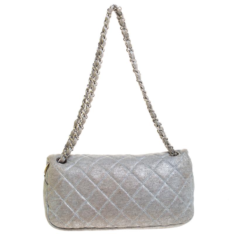 Chanel Metallic Grey Quilted Jersey Medium Flap Bag 6