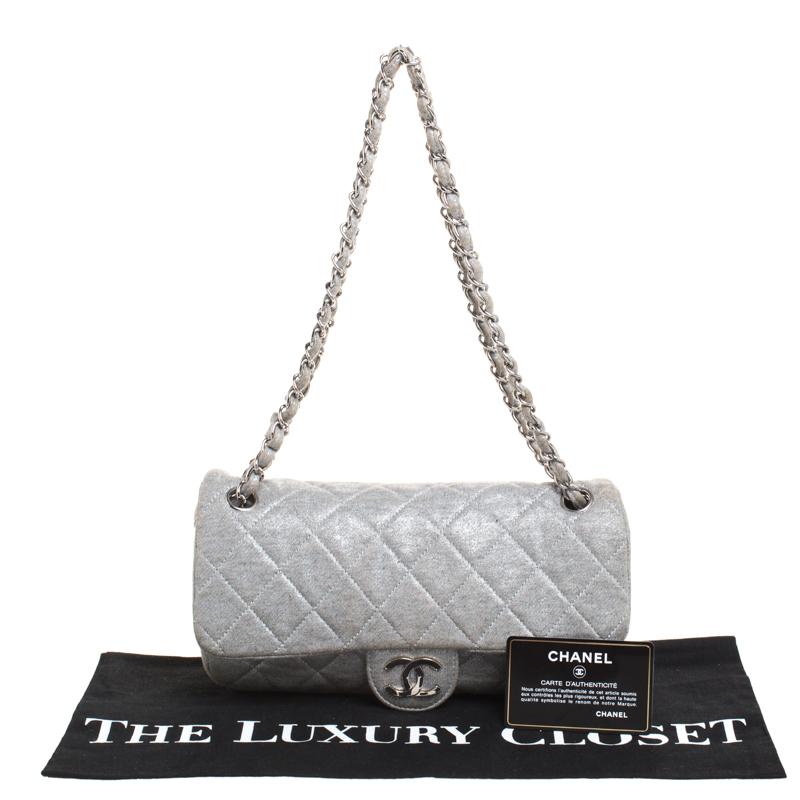 Chanel Metallic Grey Quilted Jersey Medium Flap Bag 6