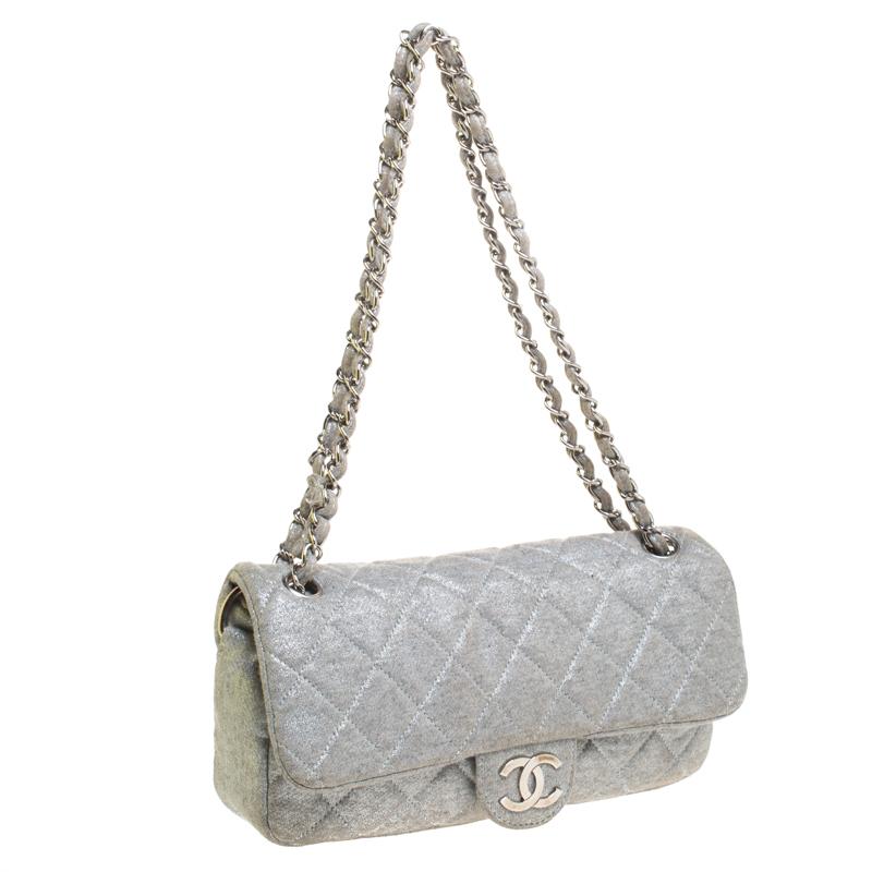 Gray Chanel Metallic Grey Quilted Jersey Medium Flap Bag