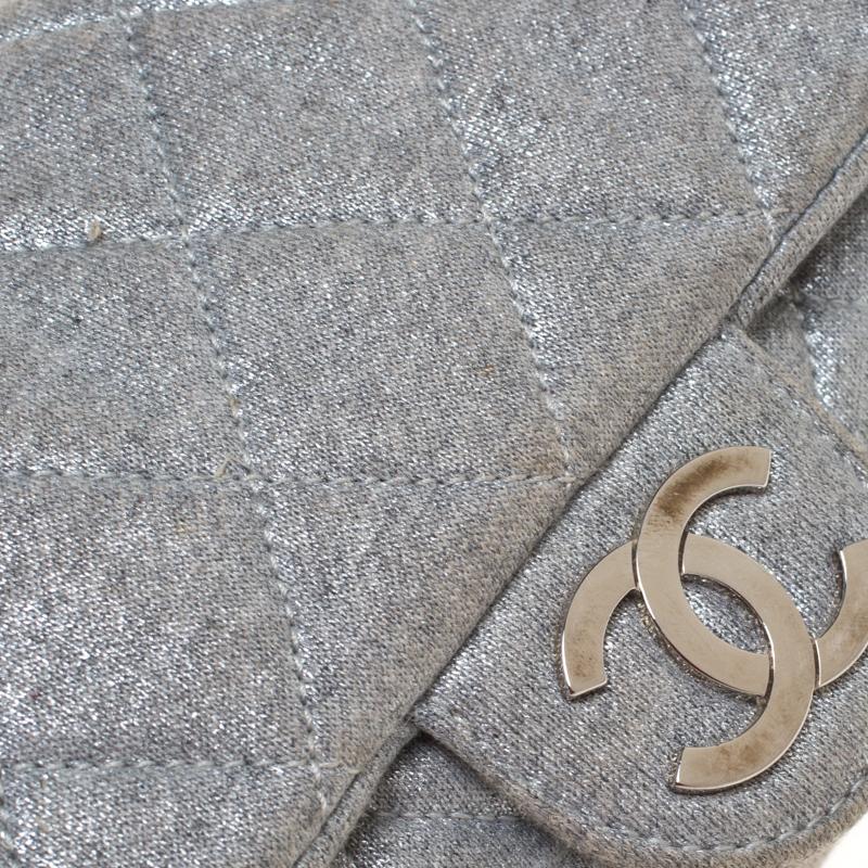 Women's Chanel Metallic Grey Quilted Jersey Medium Flap Bag