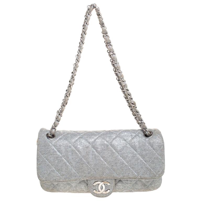 Chanel Metallic Grey Quilted Jersey Medium Flap Bag