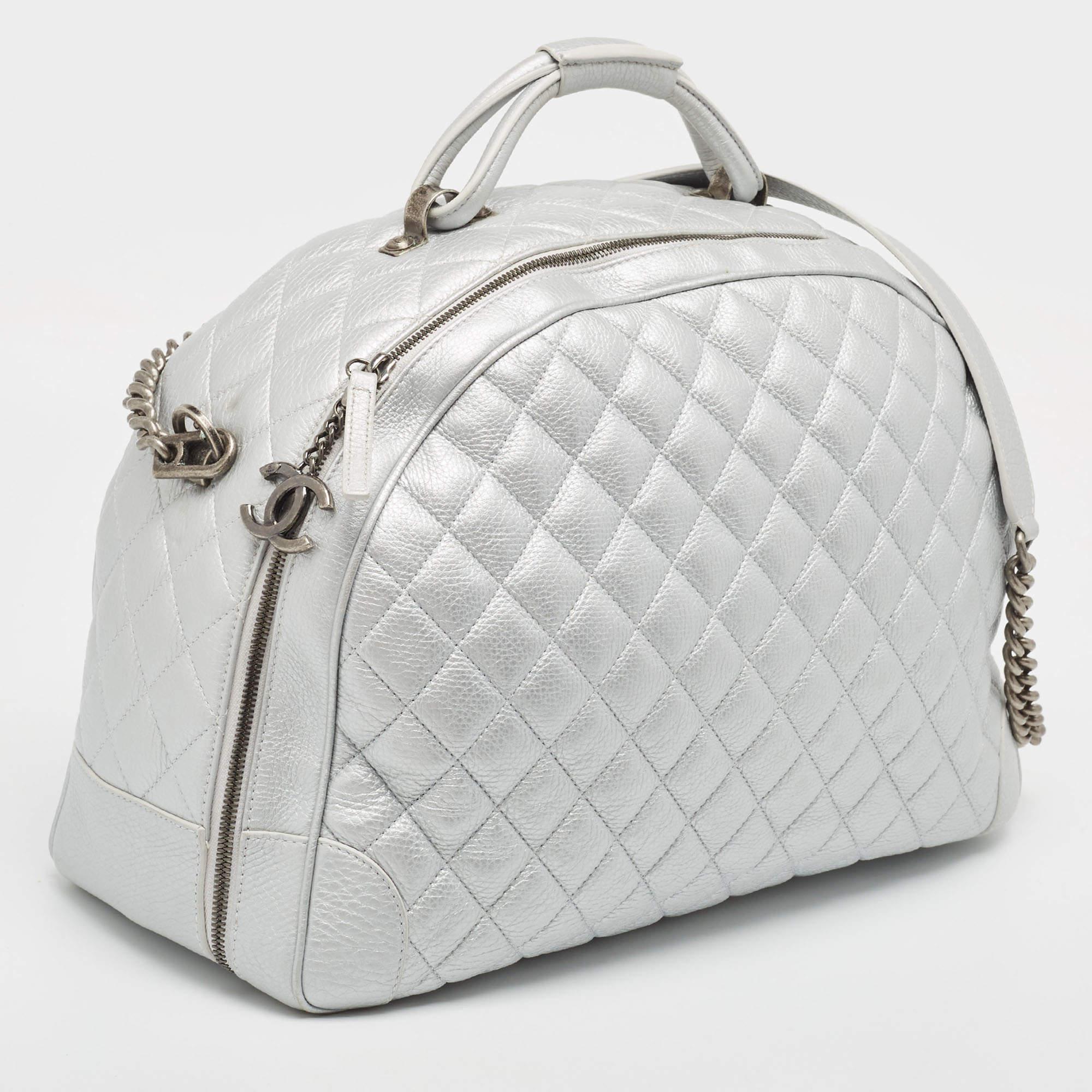 Women's Chanel Metallic Grey Quilted Leather Airlines Round Trip Bowler Bag For Sale