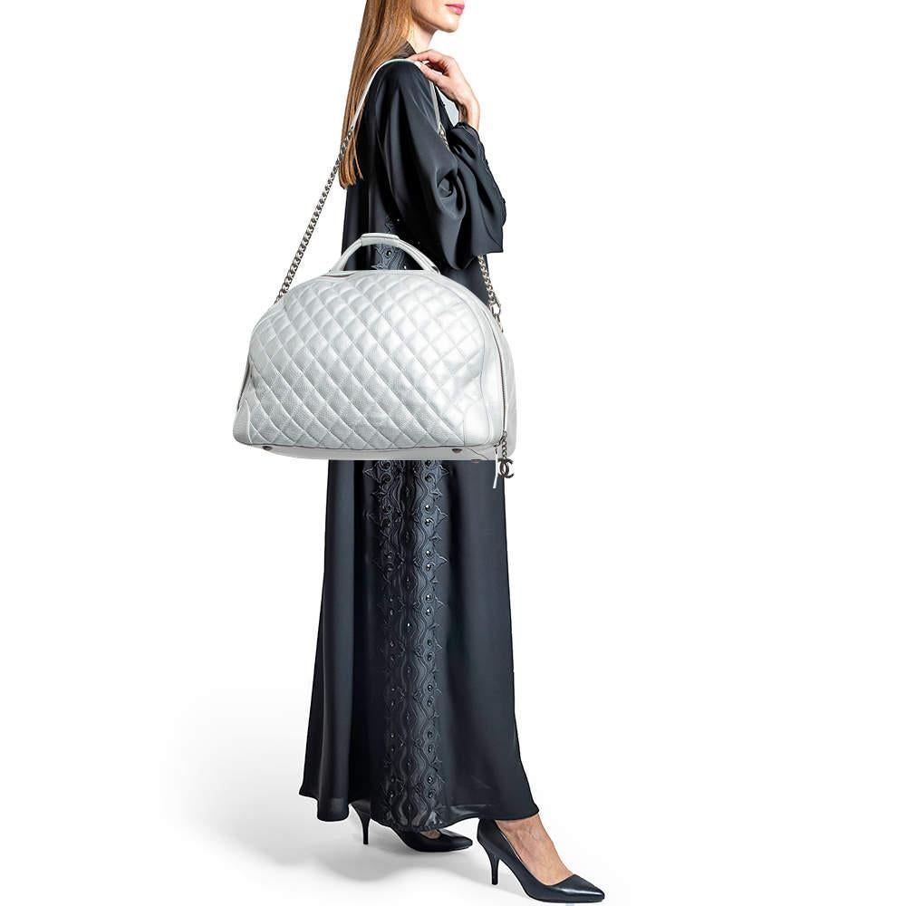 Chanel Metallic Grey Quilted Leather Airlines Round Trip Bowler Bag For Sale 2