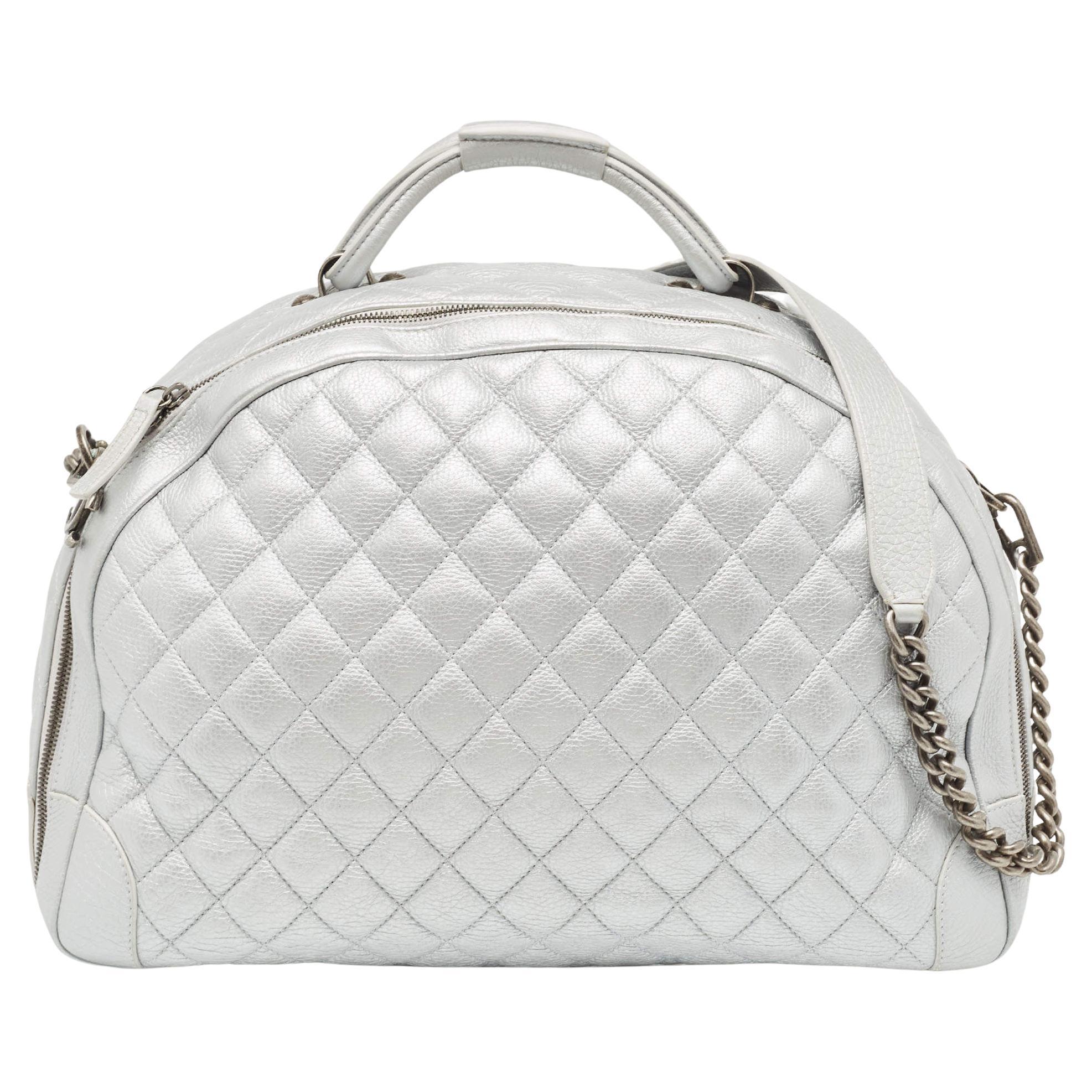 Chanel Metallic Grey Quilted Leather Airlines Round Trip Bowler Bag For Sale