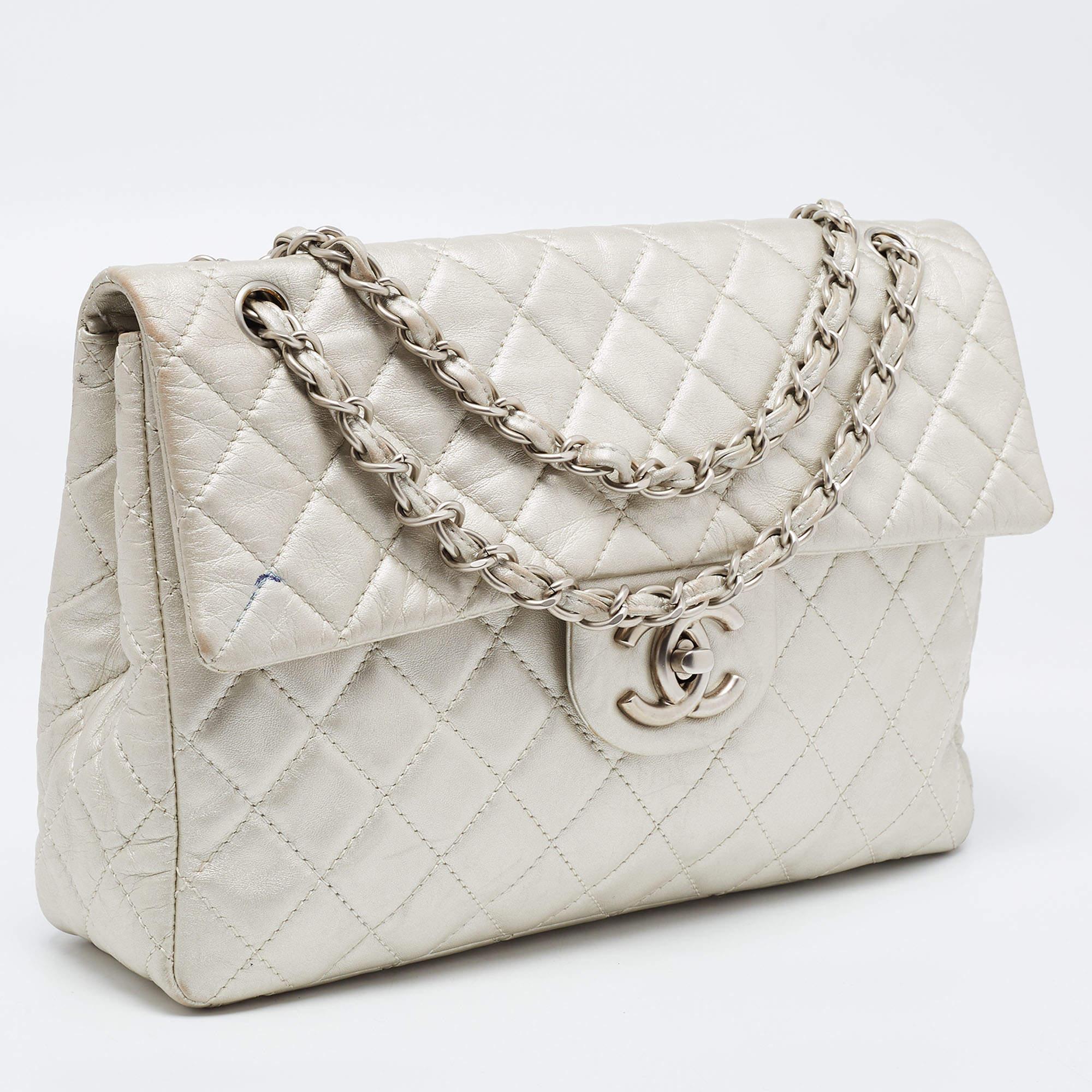 Gray Chanel Metallic Grey Quilted Leather Maxi Classic Single Flap Bag For Sale