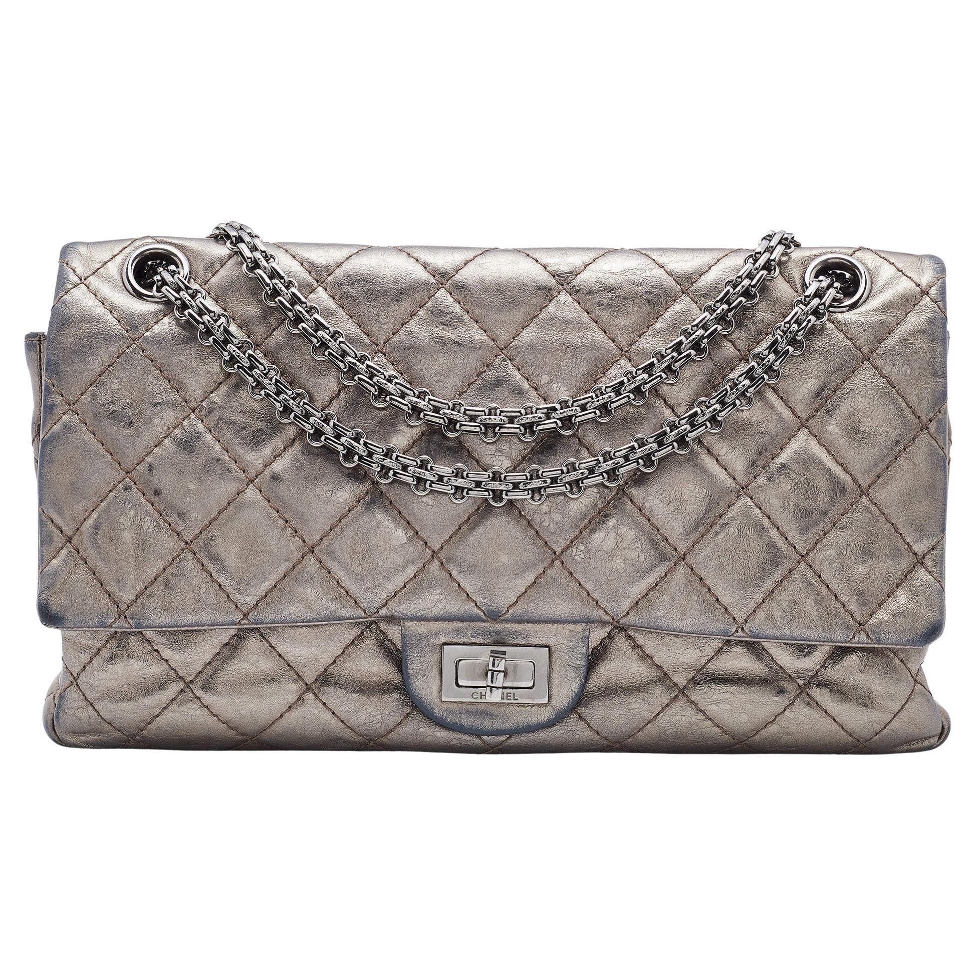 Chanel Metallic Grey Quilted Leather Reissue 2.55 Classic 226 Flap Bag For Sale