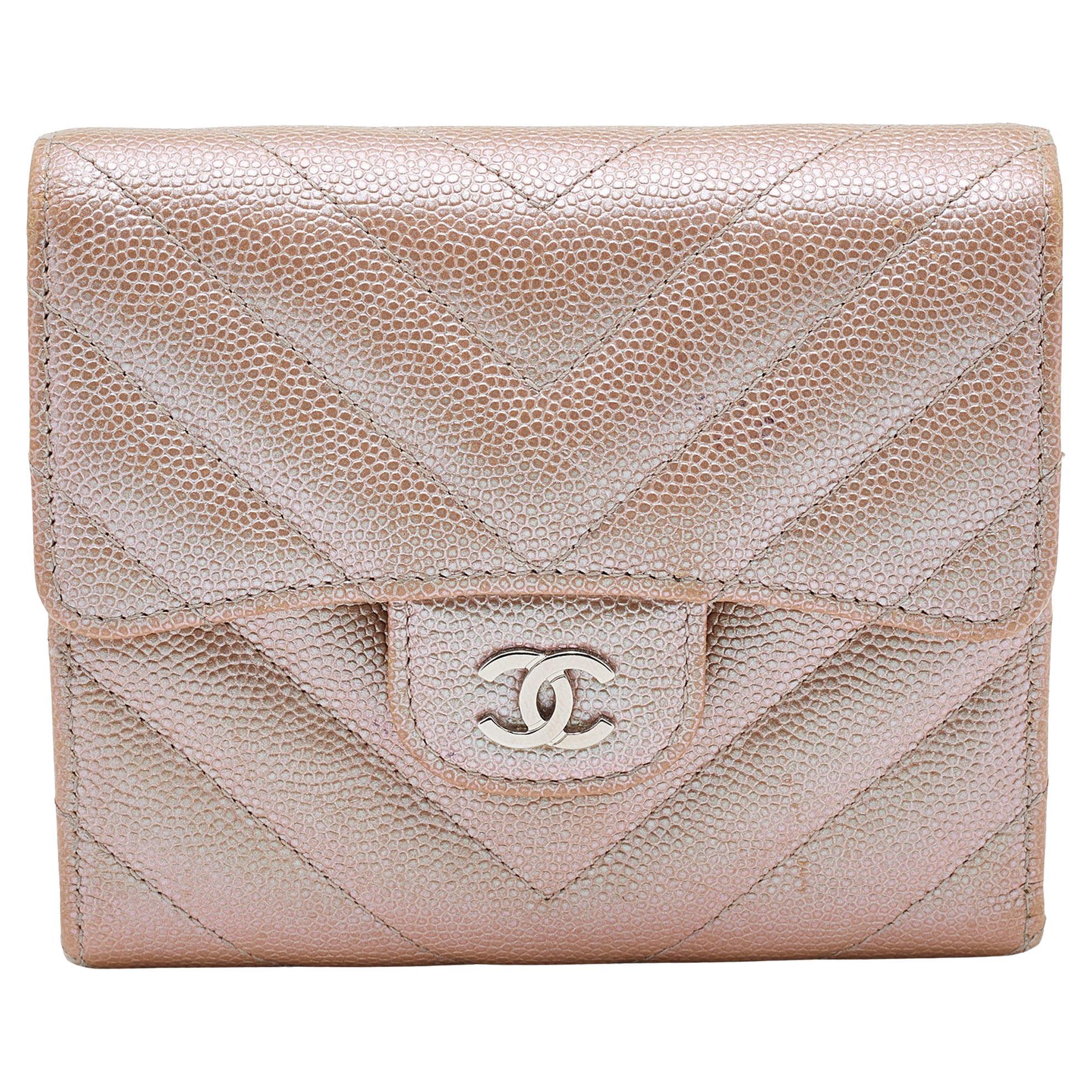 Chanel Metallic Iridescent Caviar Chevron Quilted Leather CC Compact Wallet