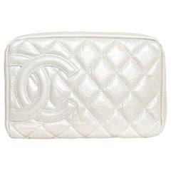 Chanel Metallic Ivory Cambon Cosmetic Bag With Quilted CC at Front 