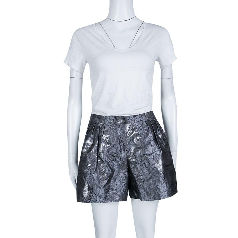 Gray Chanel Metallic Jacquard Pleat Detail Damask Shorts M