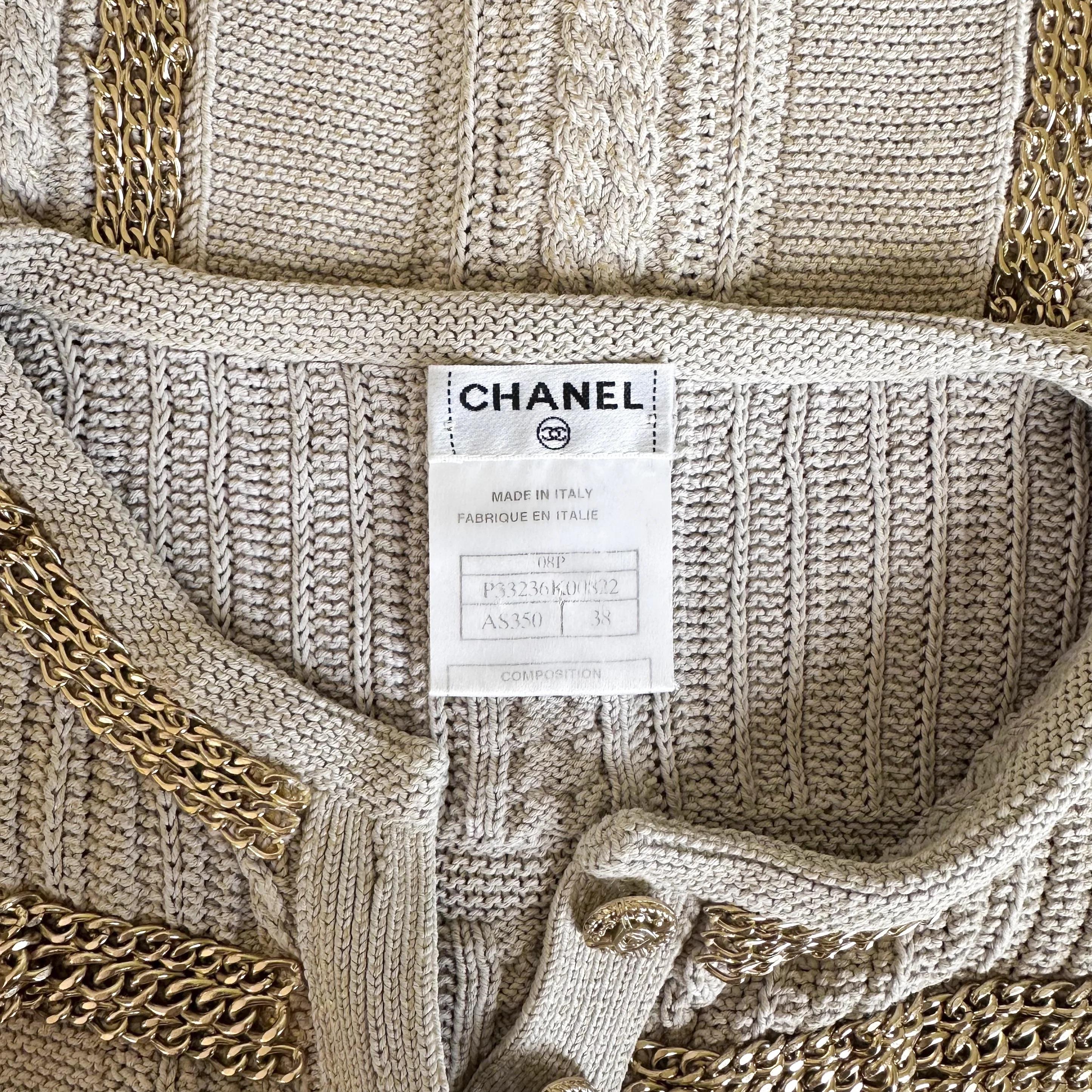 Beige Chanel - Cardigan en maille métallisée bordé de chaînes, S/S 2008 en vente