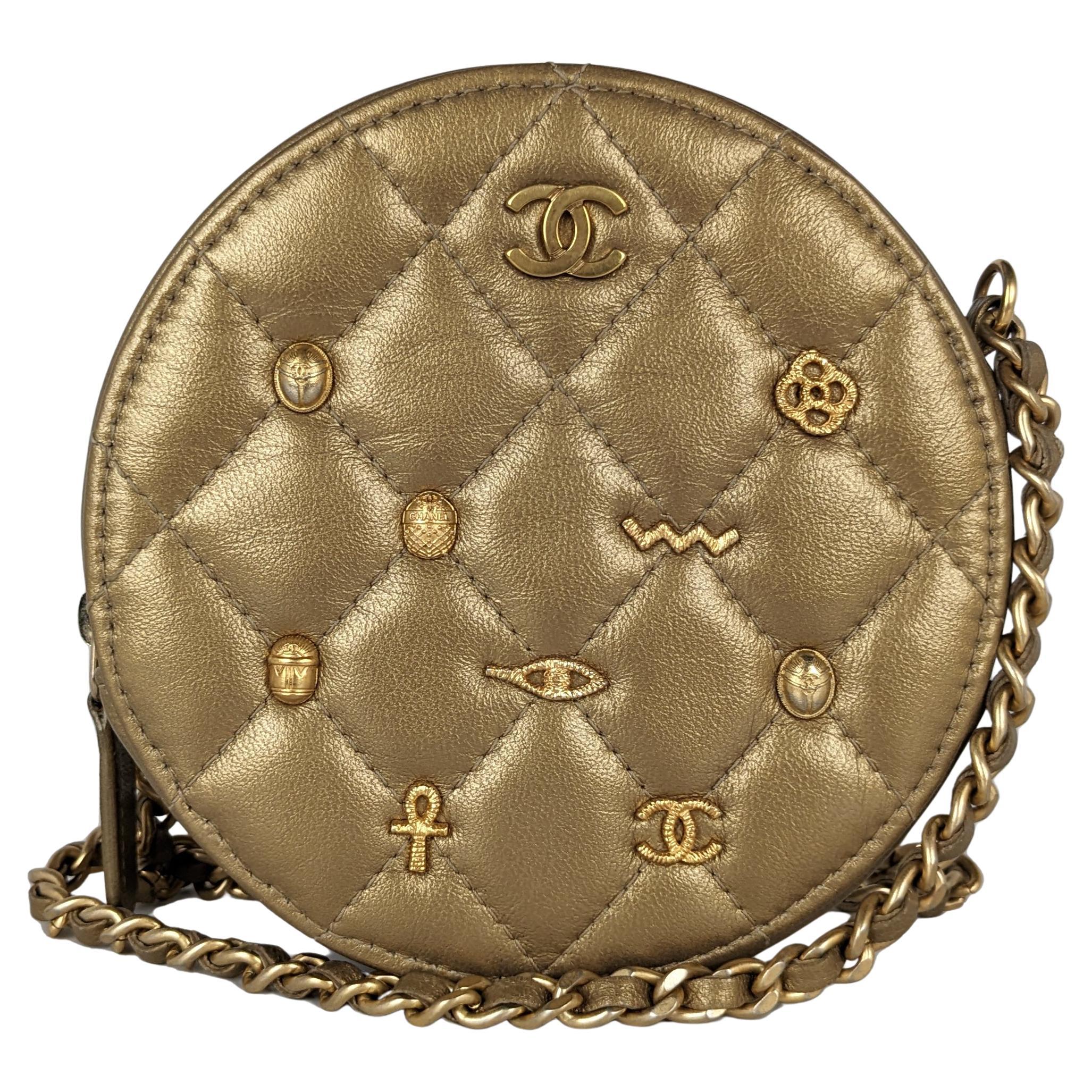 Chanel Metallic Lambskin Quilted Egyptian Amulet Round Clutch With