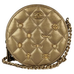 Chanel Metallic Lambskin Quilted Egyptian Amulet Round Clutch With Chain Gold