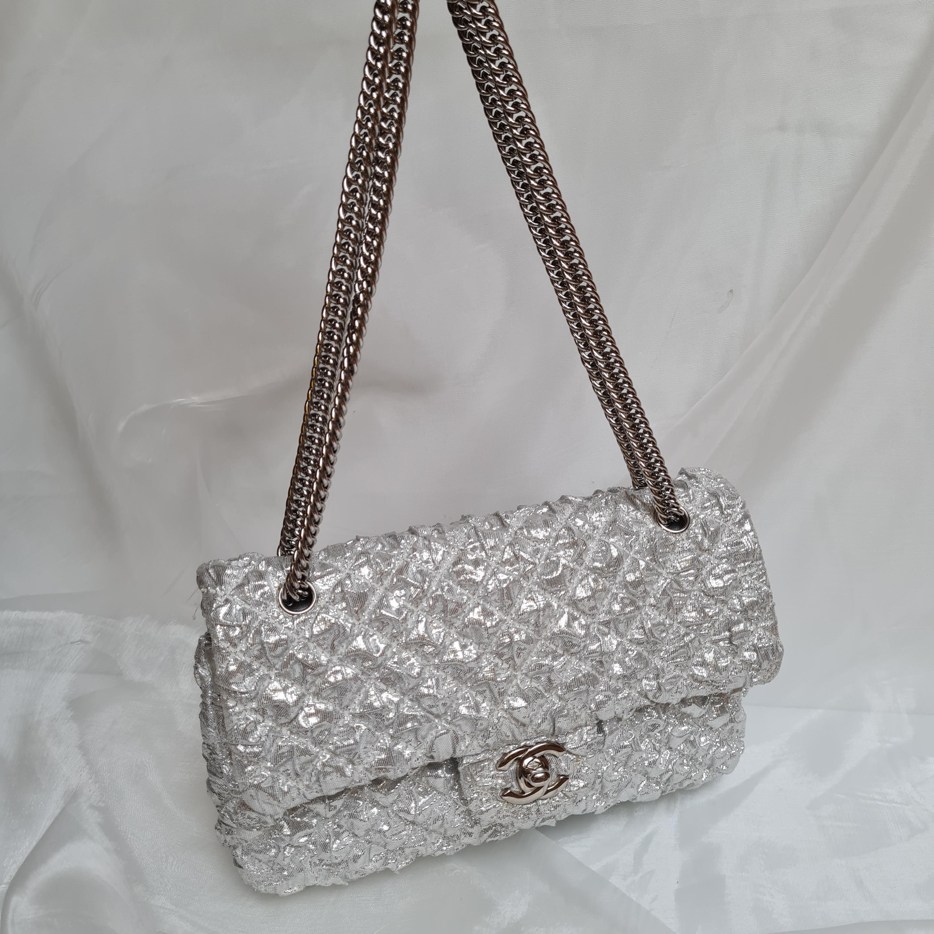 Gray Chanel Metallic Lame Quilted Small Double Flap Bag