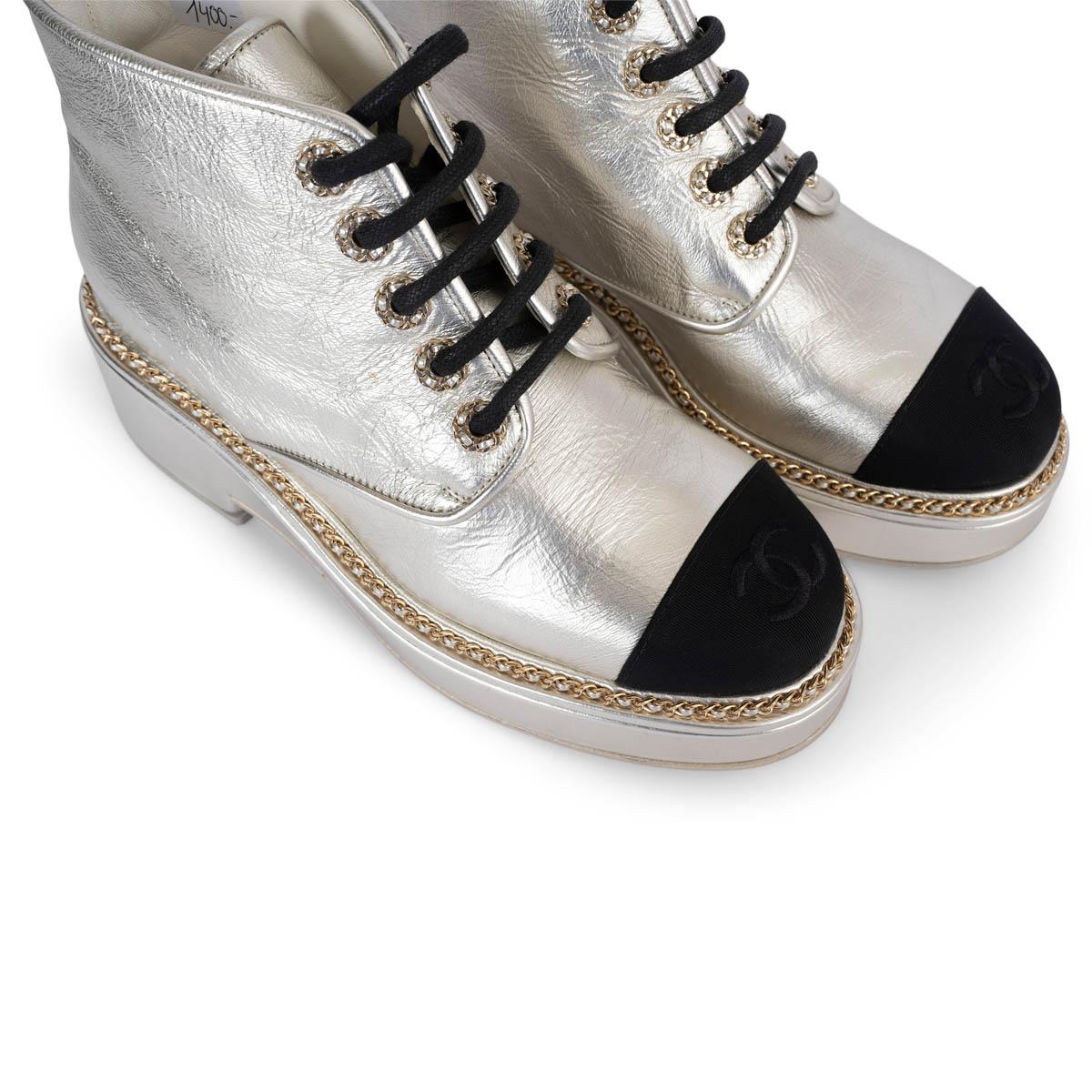 CHANEL metallic leather 2020 20C PLATFORM LACE-UP Boots Shoes 37.5 fit 37 3
