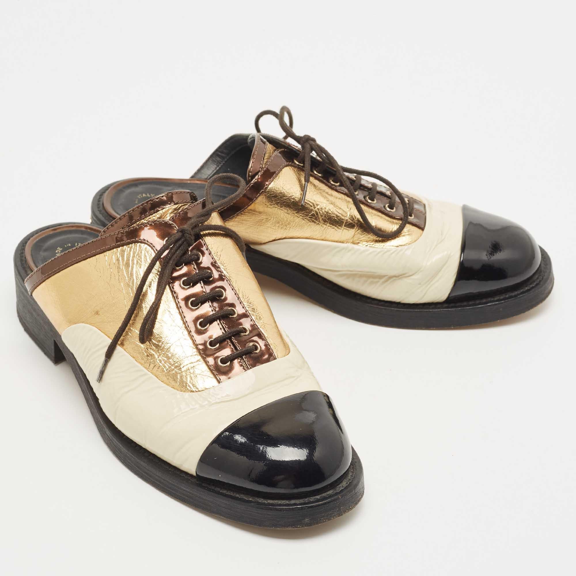 Chanel Metallic Leather and Patent CC Lace Up Mules In Good Condition In Dubai, Al Qouz 2