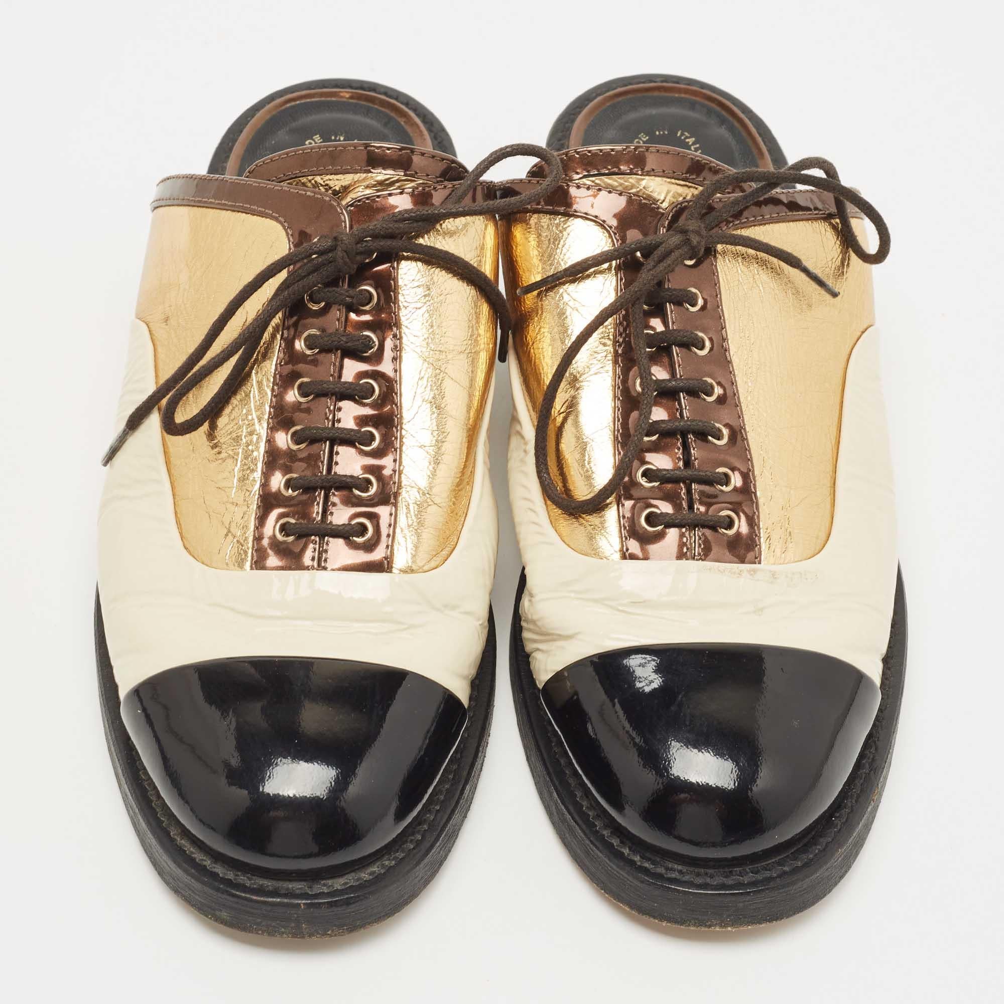 Women's Chanel Metallic Leather and Patent CC Lace Up Mules