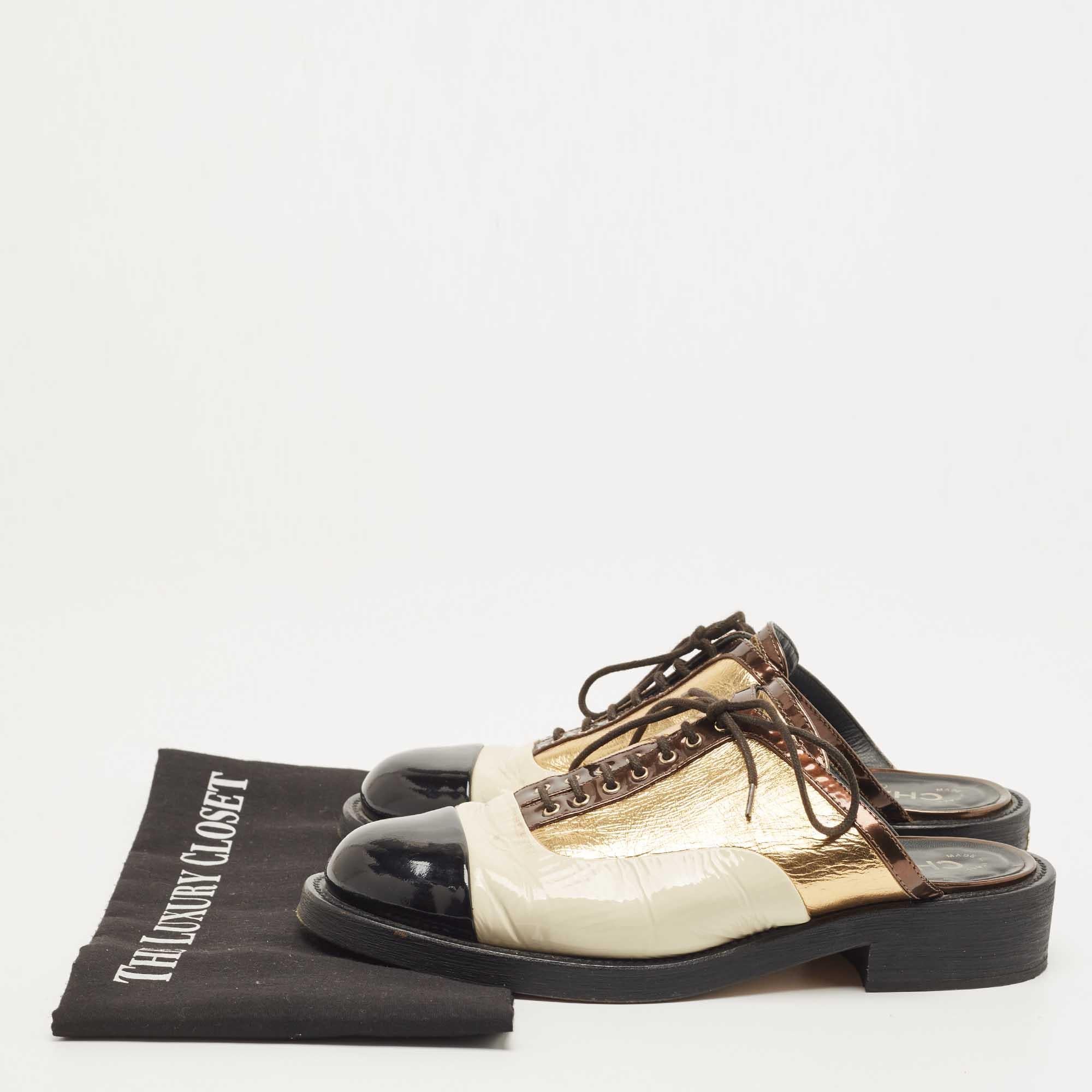 Chanel Metallic Leather and Patent CC Lace Up Mules 5