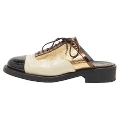Chanel Metallic Leather and Patent CC Lace Up Mules