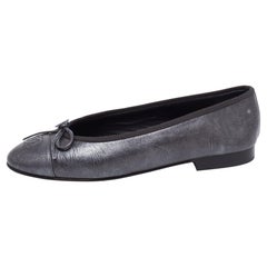 Chanel Metallic Leather CC Cap Toe Bow Ballet Flats Size 37.5