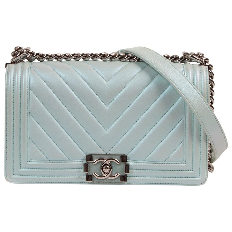 Chanel Calfskin Chevron Quilted Medium Boy Flap Light Green Bag