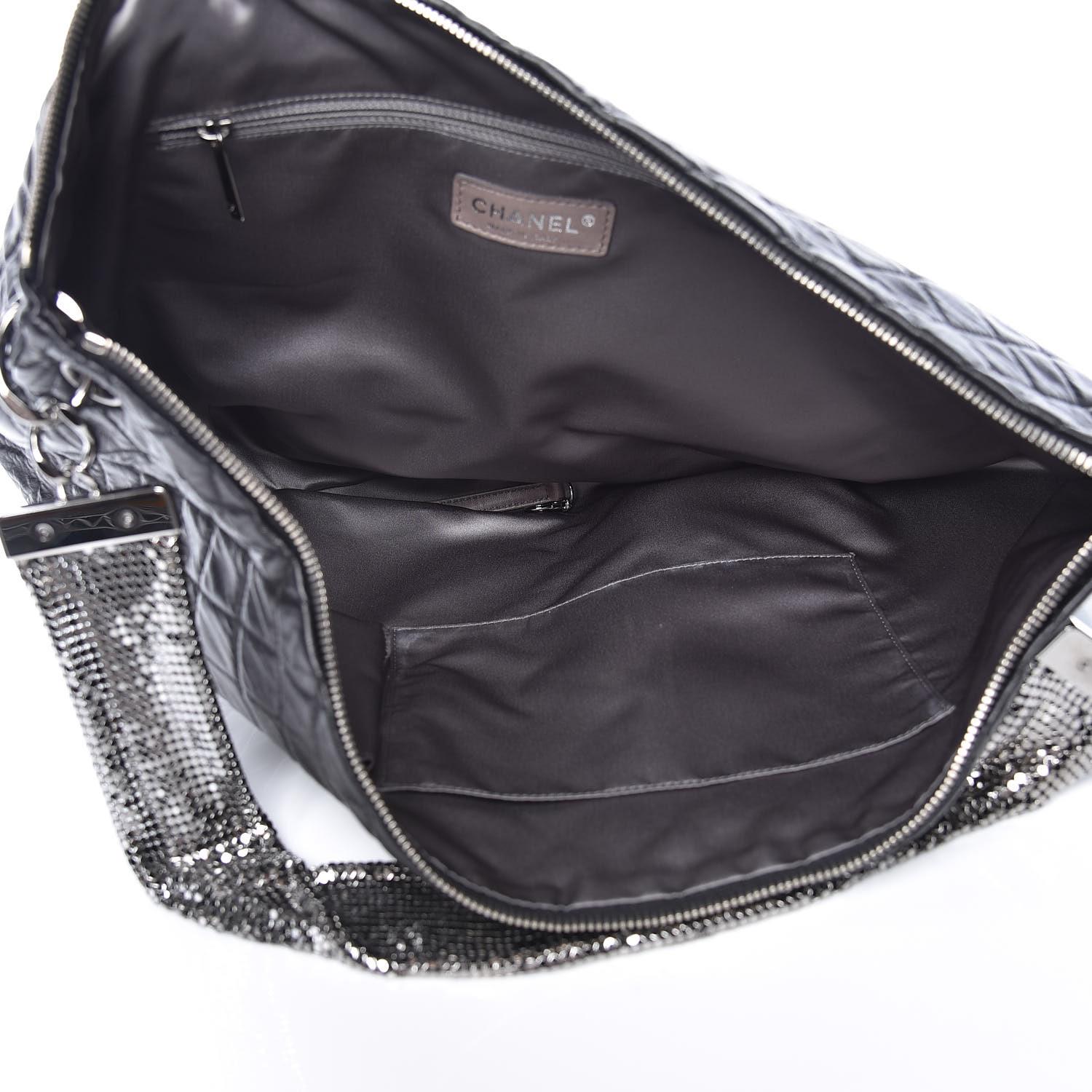 Chanel 2008 Metallic Mesh Soft Quilted Black Lambskin Leather Large Hobo Bag For Sale 9