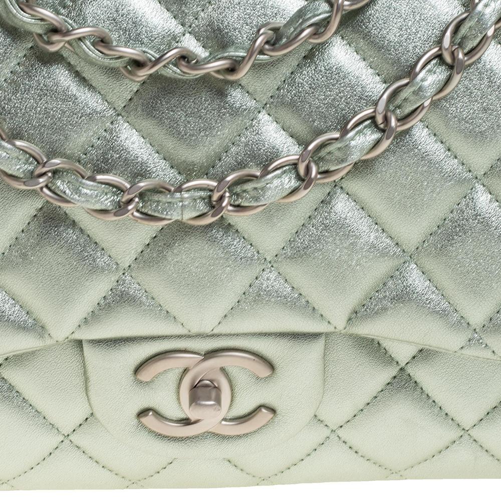 Chanel Metallic Mint Green Quilted Leather Maxi Classic Double Flap Bag 4