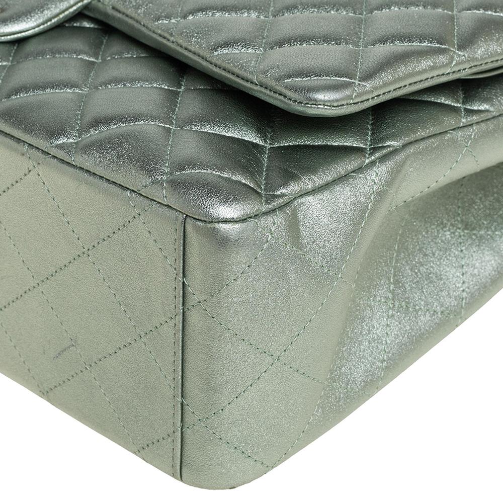 Gray Chanel Metallic Mint Green Quilted Leather Maxi Classic Double Flap Bag