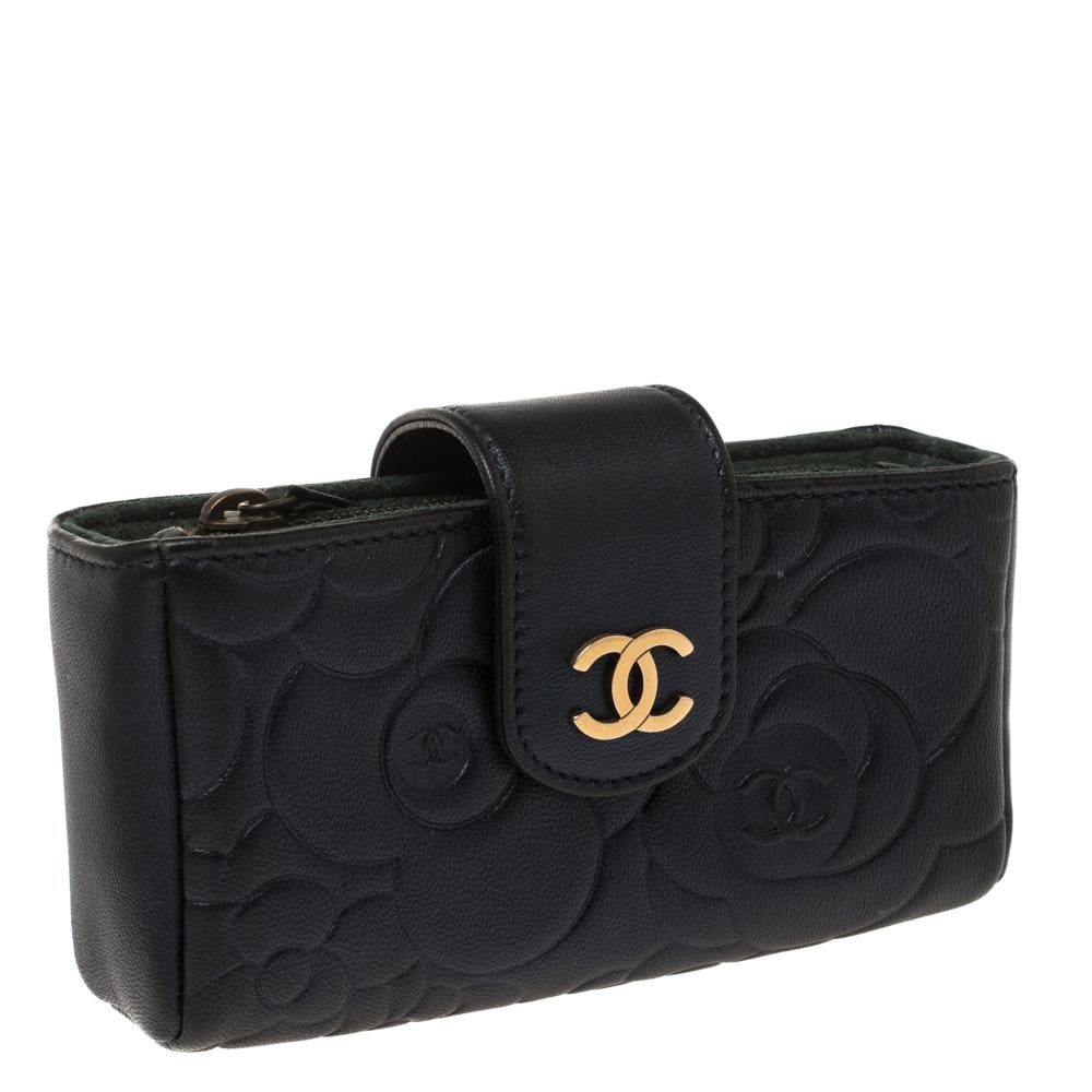 Black Chanel Metallic Navy Blue Camellia Embossed Leather Phone Pouch
