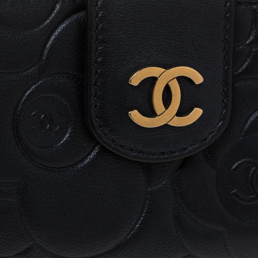 Chanel Metallic Navy Blue Camellia Embossed Leather Phone Pouch 1