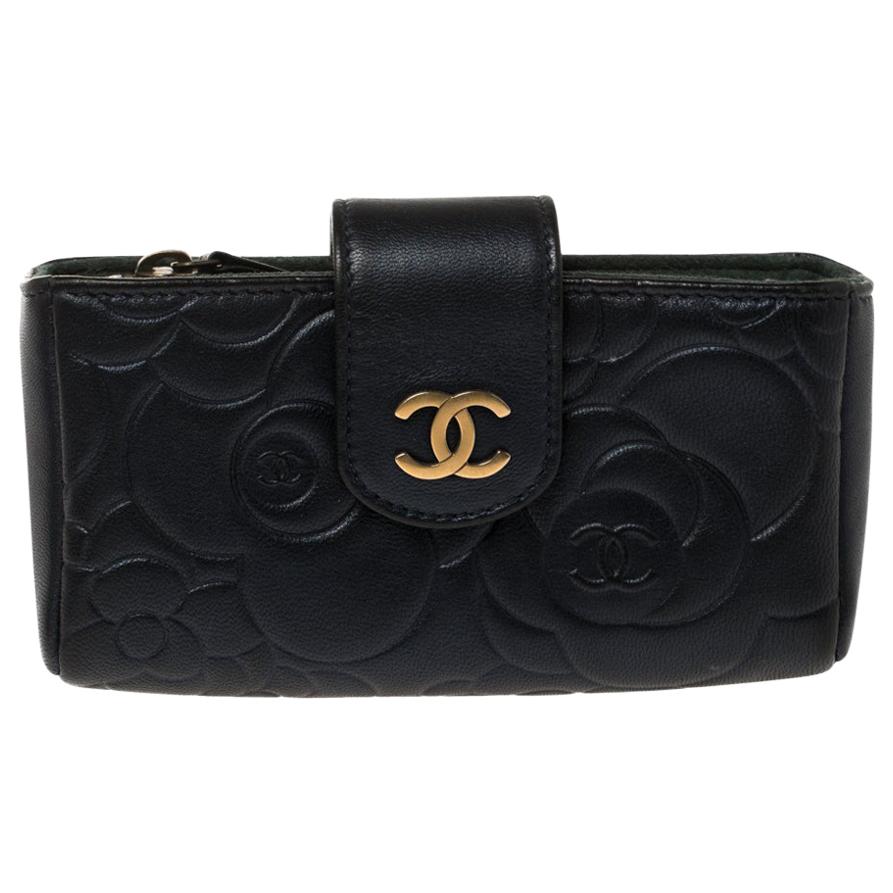 Chanel Metallic Navy Blue Camellia Embossed Leather Phone Pouch
