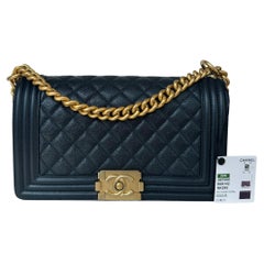 Chanel Metallic Navy Caviar Leather Quilted Medium Boy Bag