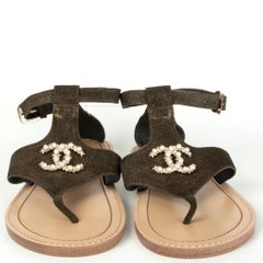 CHANEL metallic olive gold leather PEARL EMBELLISHED Thong Sandals Shoes 38.5