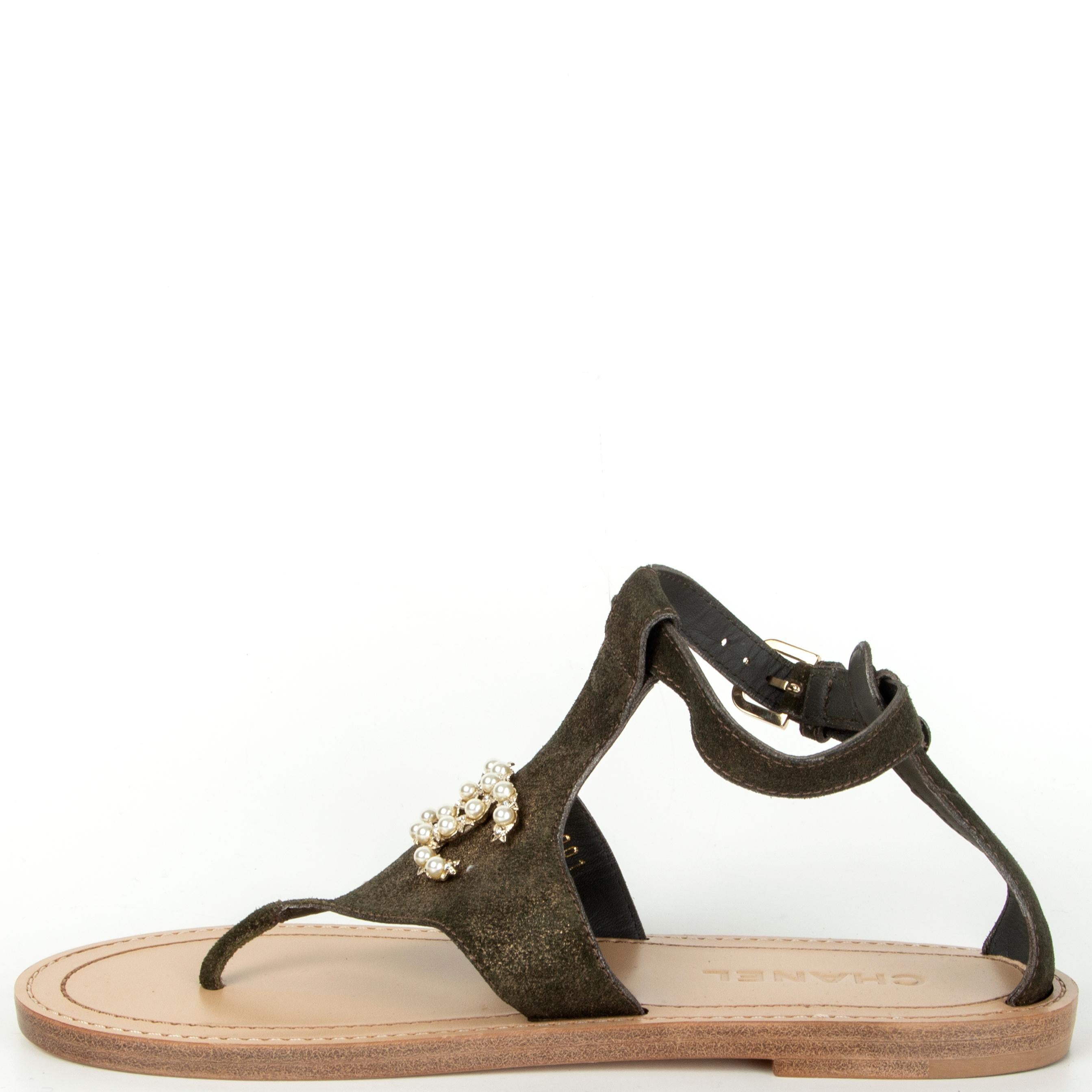 Gold CHANEL metallic olive gold leather PEARL EMBELLISHED Thong Sandals Shoes 38.5