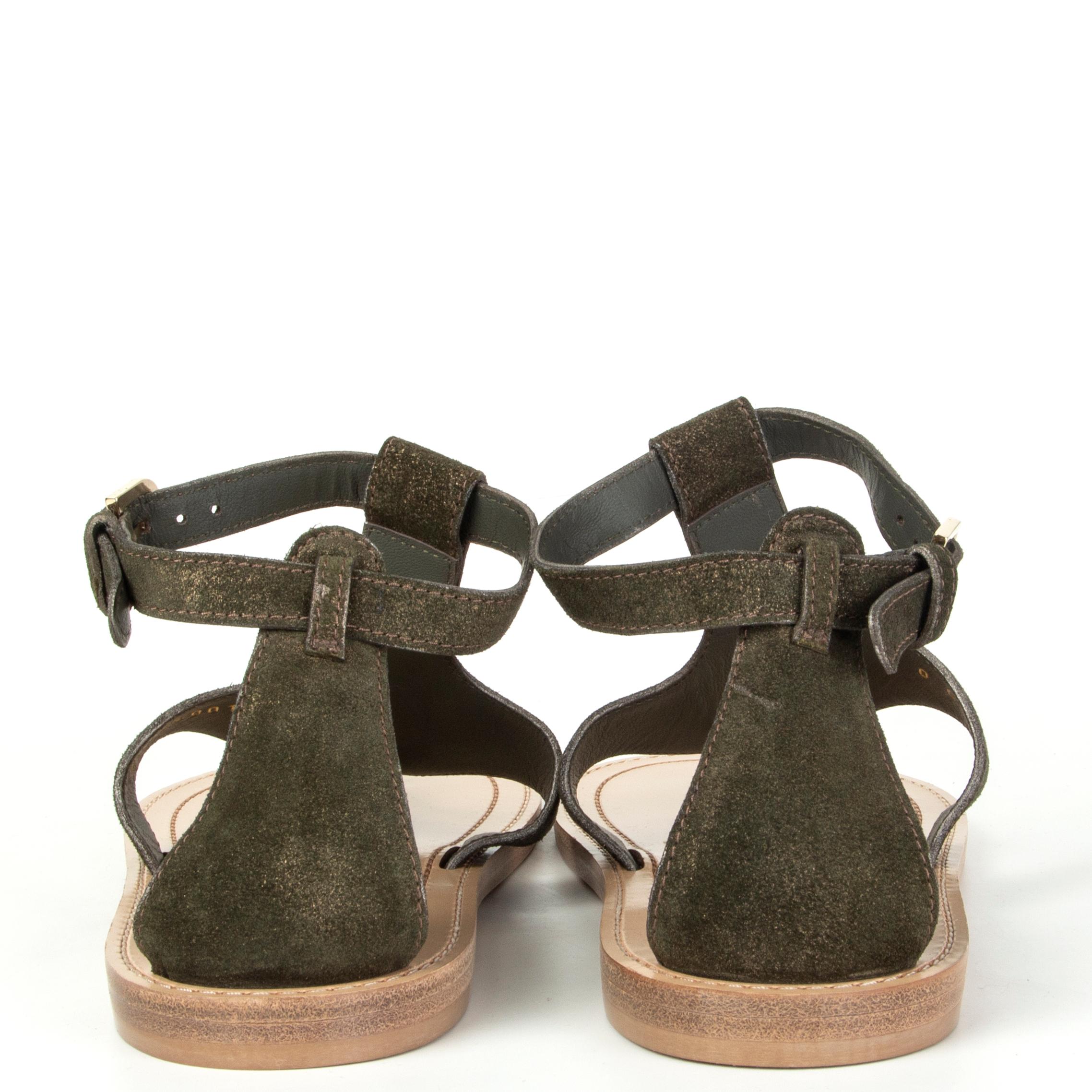 Women's CHANEL metallic olive gold leather PEARL EMBELLISHED Thong Sandals Shoes 38.5