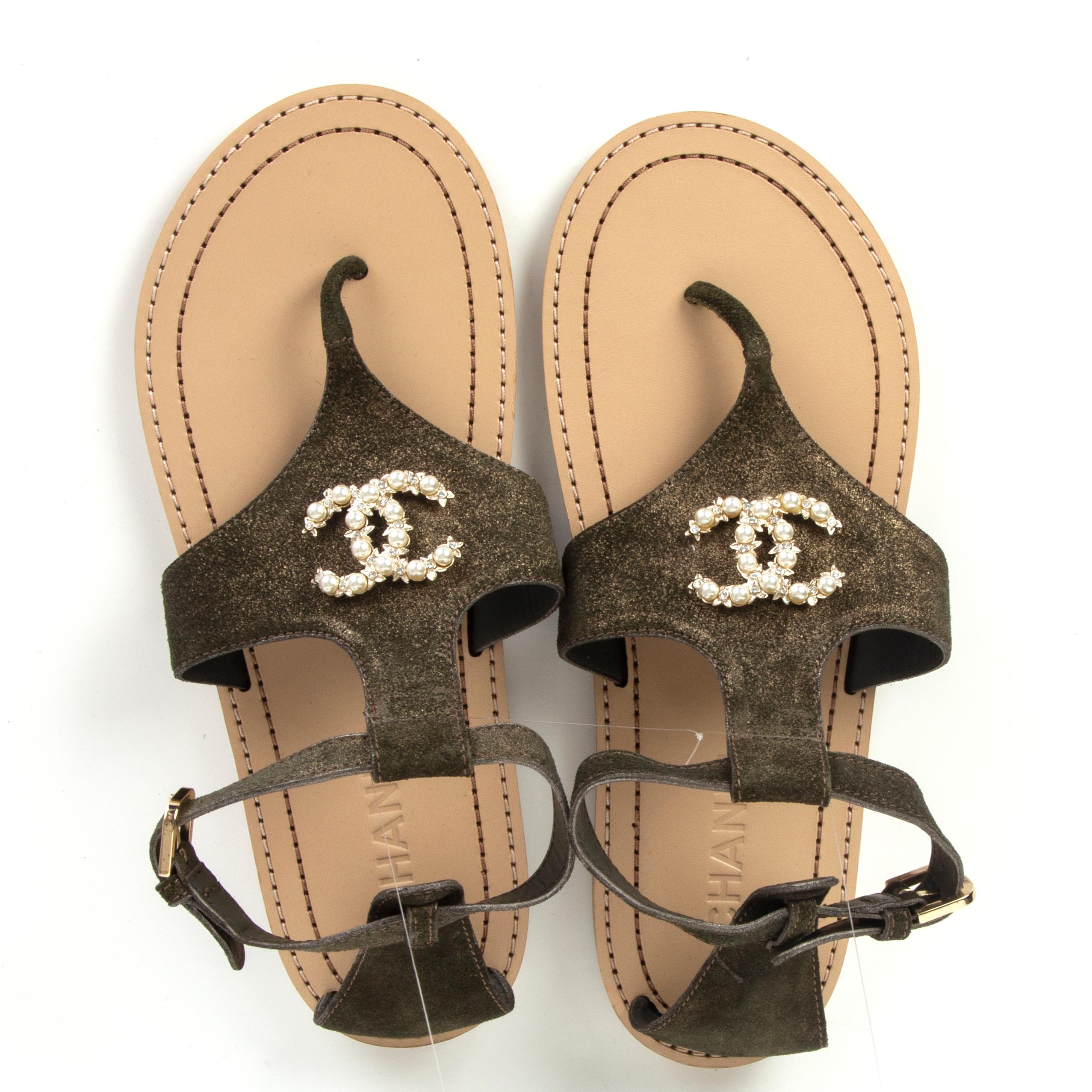 CHANEL metallic olive gold leather PEARL EMBELLISHED Thong Sandals Shoes 38.5 1