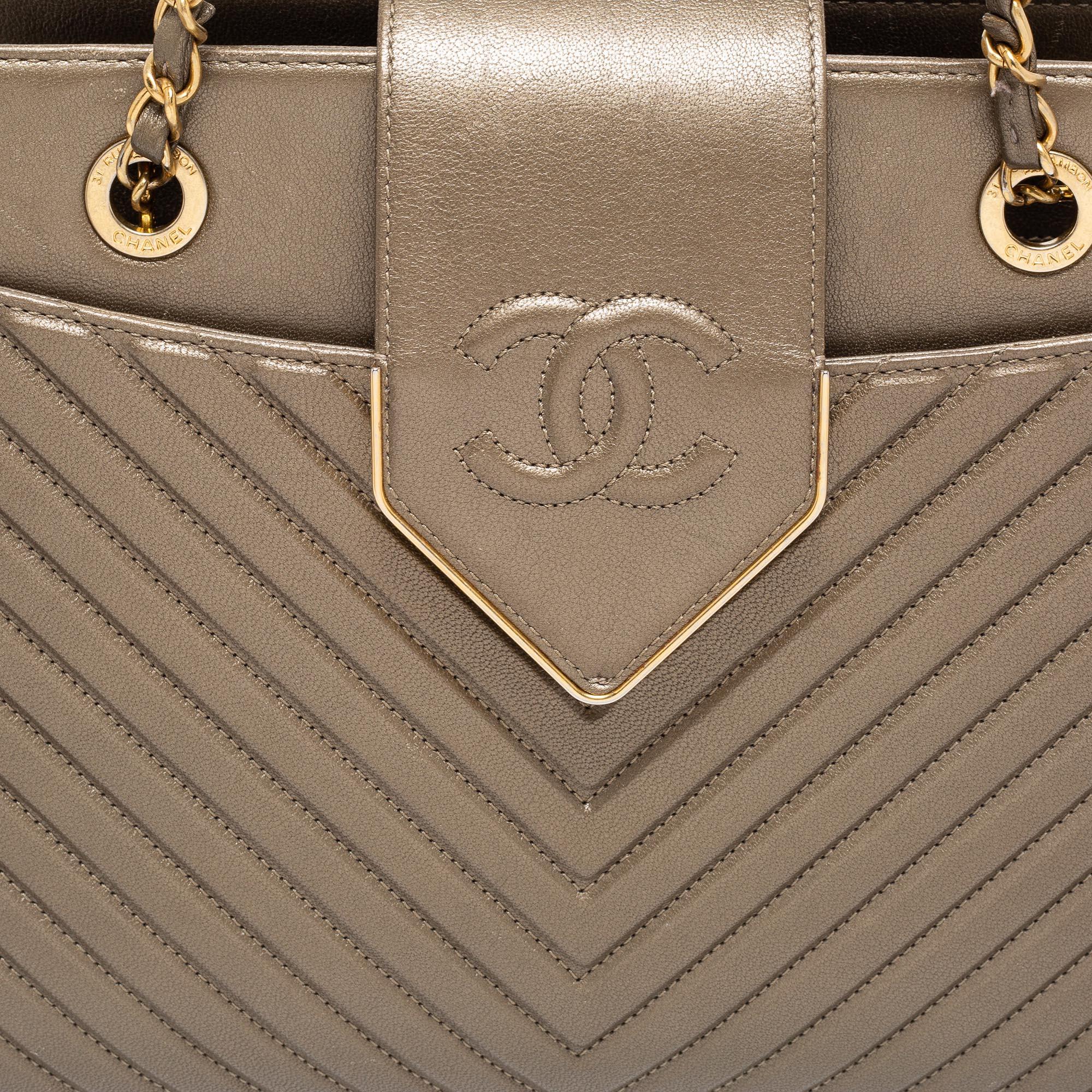 Chanel Metallic Olive Green Chevron Quilted Leather Collar And Tie Shoulder Bag 3