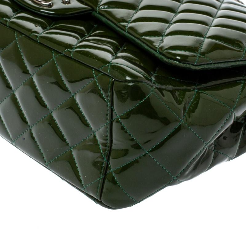 Chanel Metallic Olive Green Quilted Patent Leather Maxi Classic Double Flap Bag 2