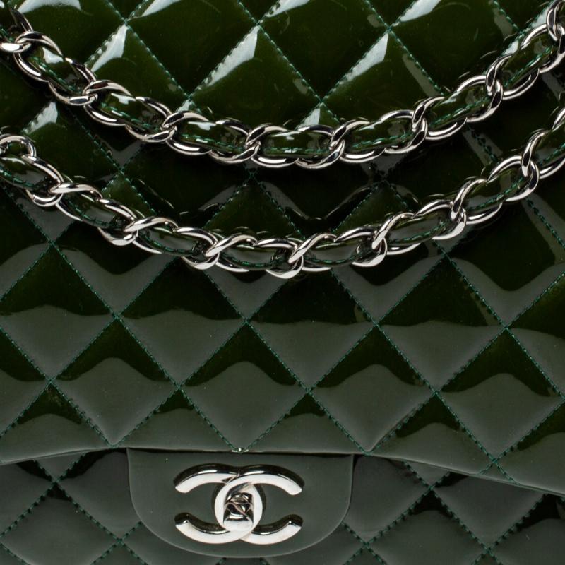 Chanel Metallic Olive Green Quilted Patent Leather Maxi Classic Double Flap Bag 3