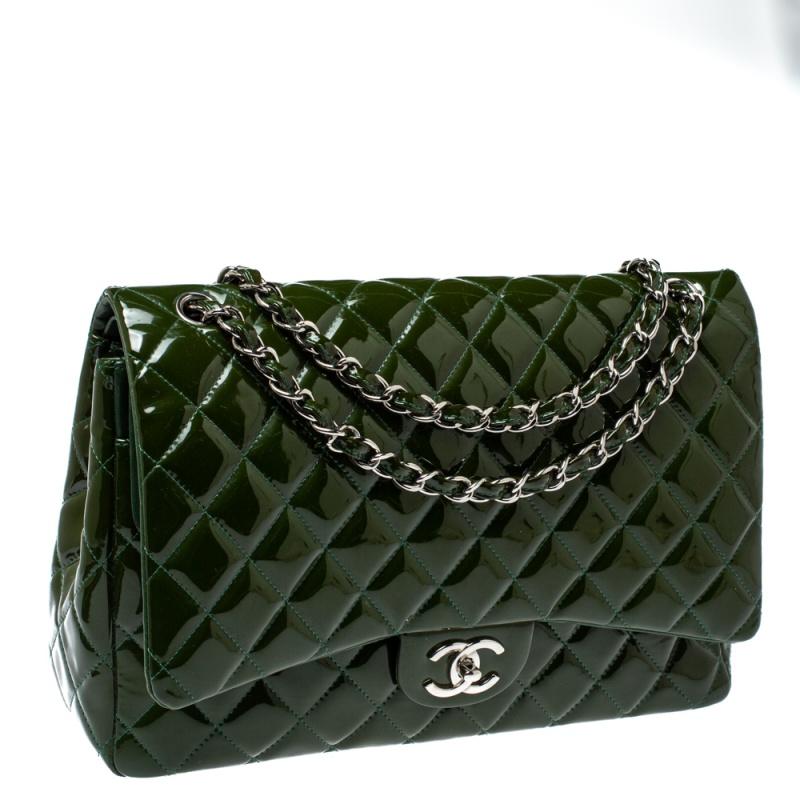 Chanel Metallic Olive Green Quilted Patent Leather Maxi Classic Double ...