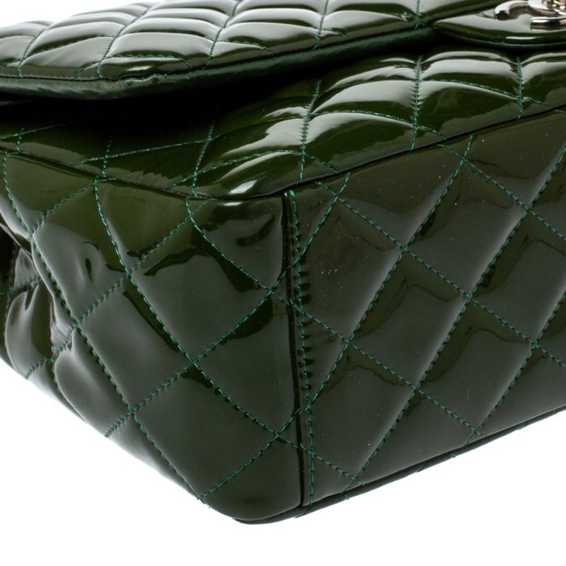 Chanel Metallic Olive Green Quilted Patent Leather Maxi Classic Double Flap Bag 1