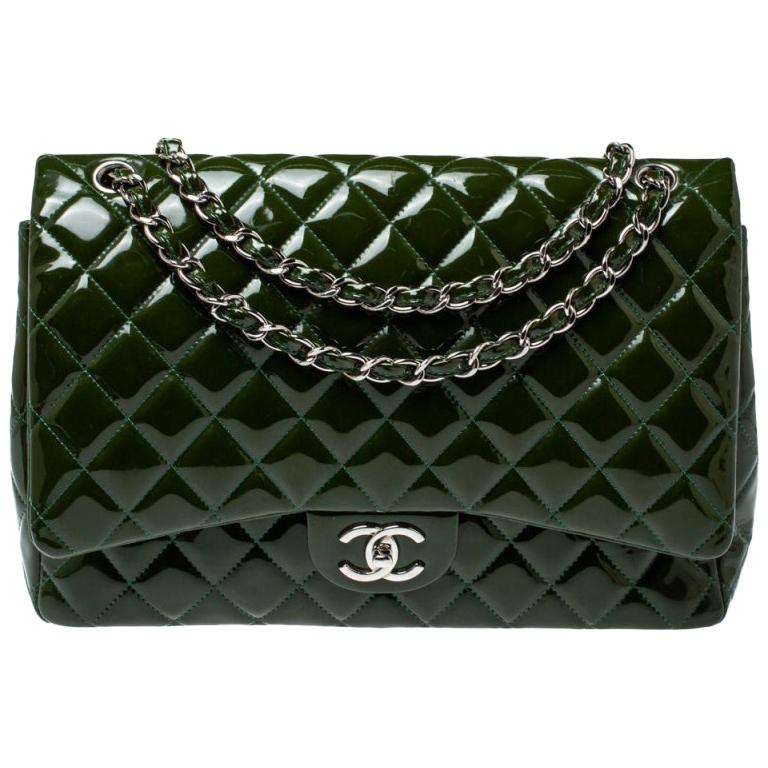 Chanel Metallic Olive Green Quilted Patent Leather Maxi Classic Double Flap  Bag For Sale at 1stDibs