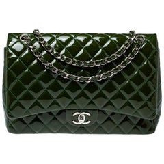 Chanel Metallic Olive Green Quilted Patent Leather Maxi Classic Double Flap Bag