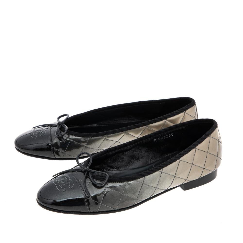 Chanel Metallic Ombre Quilted Patent Leather CC Cap Toe Bow Ballet Flats Size 36 1
