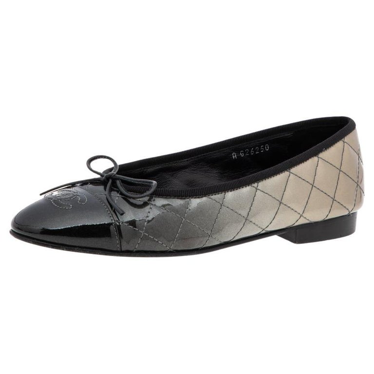 Chanel Metallic Ombre Quilted Patent Leather CC Cap Toe Bow Ballet Flats  Size 36