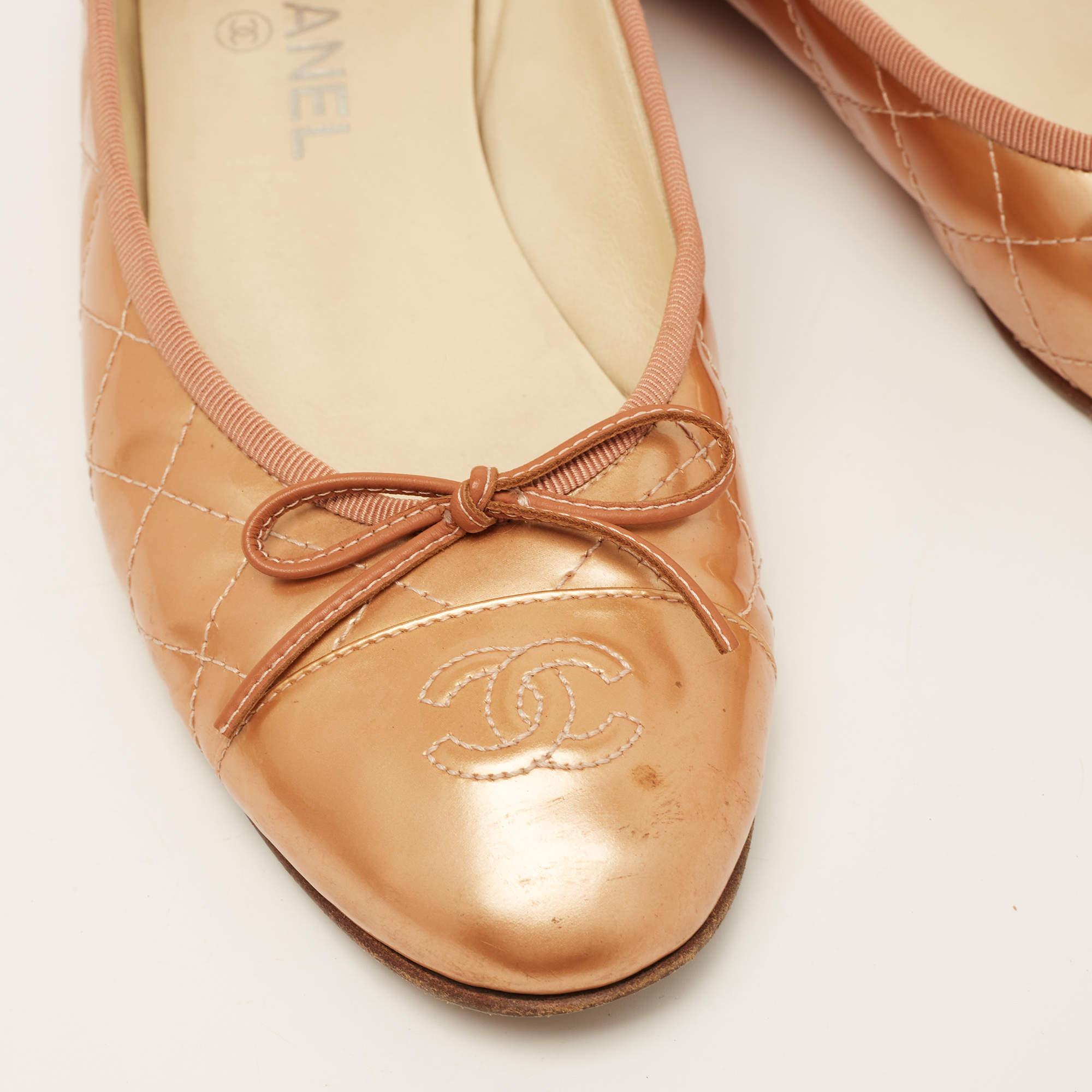 Chanel Metallic Orange Quilted Patent Leather CC Bow Ballet Flats Size 40 1