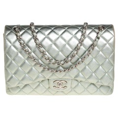 Chanel Metallic Pale Green Quilted Leather Maxi Classic Double Flap Bag