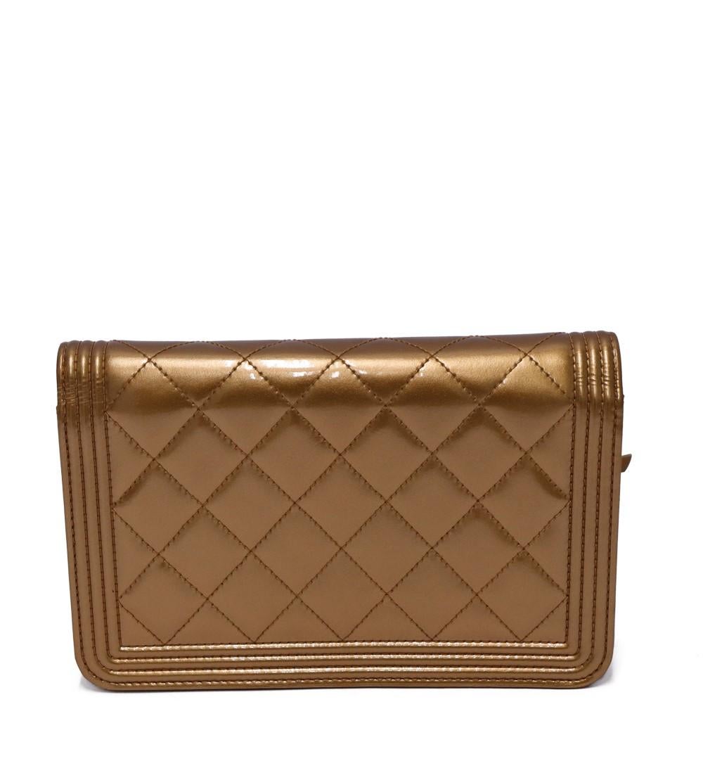 Brown Chanel Metallic Patent Calfskin Quilted Boy Wallet On Chain